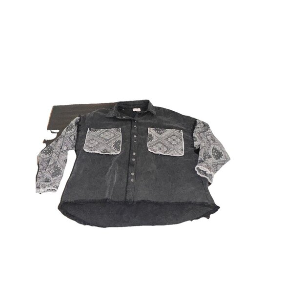 Oli & Hali Women's L Black  Paisley Bandana Patch Frayed Snap Oversized Jacket - Picture 2 of 4